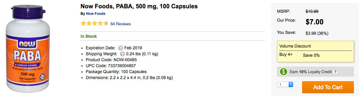 Now Foods PABA 500 mg 100 Capsules iHerb.com
